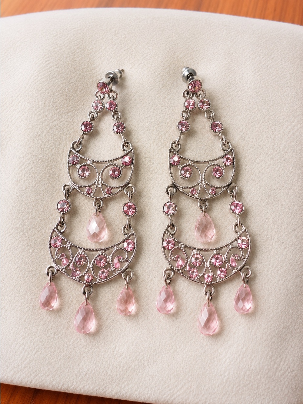 Pink Crystal Chandelier Dangle Earrings – Silver Tone